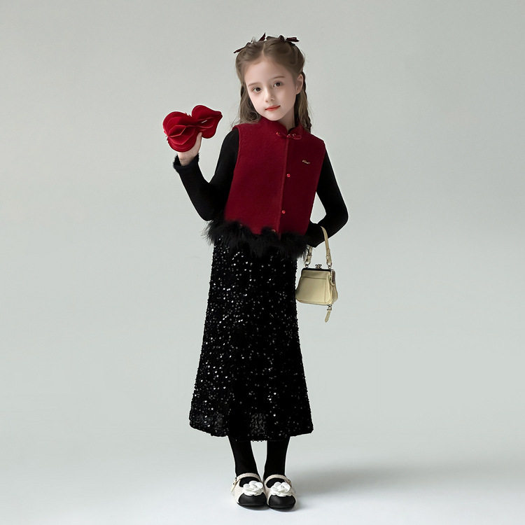 大女孩拜年服套裙25冬装国风女童夹棉马甲亮片半身裙新年战袍礼服,淘宝优惠券,粉丝福利购,淘宝优惠卷