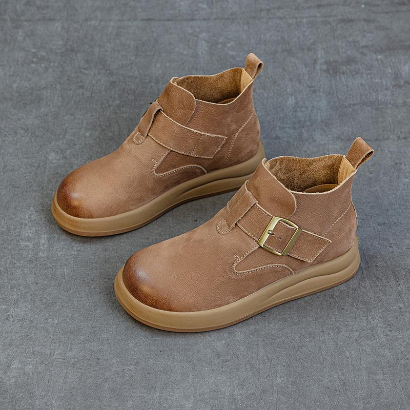 勃肯短靴头层牛皮休闲高帮新秋冬季加绒平跟厚底复古文艺短筒女鞋 - 图3