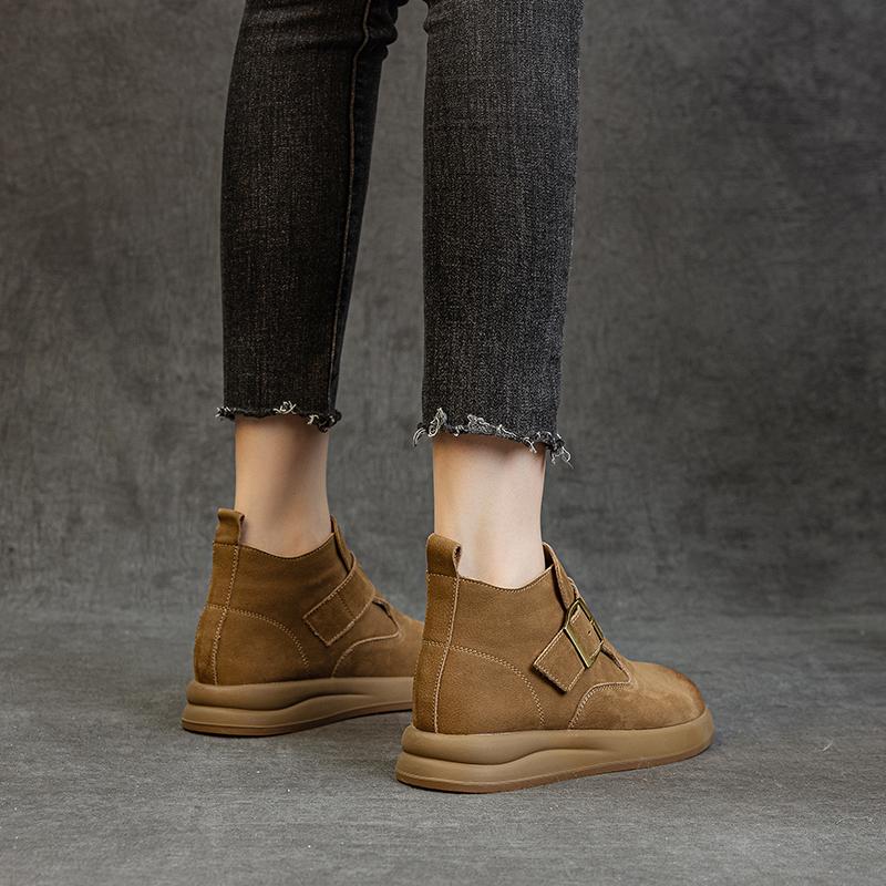 勃肯短靴头层牛皮休闲高帮新秋冬季加绒平跟厚底复古文艺短筒女鞋 - 图1