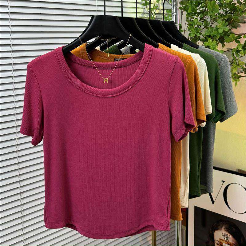 高级感u领正肩显瘦t恤女欧货夏季百搭低领短袖修身灰色气质短上衣,淘宝优惠券,粉丝福利购,淘宝优惠卷