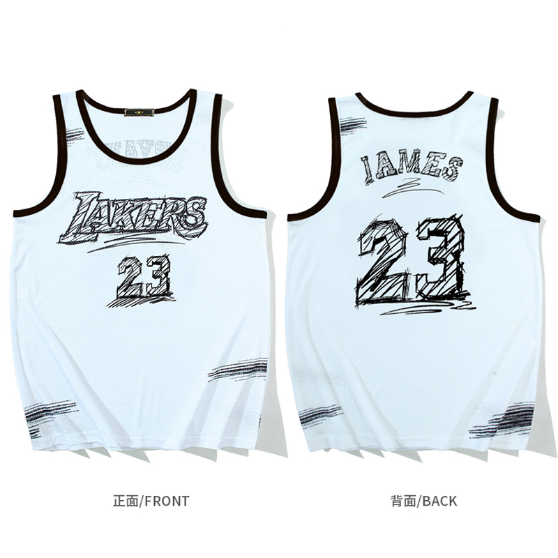 美式速干篮球服LAKERS湖人詹姆斯JAMES球衣素描手绘复古网眼背心-图1