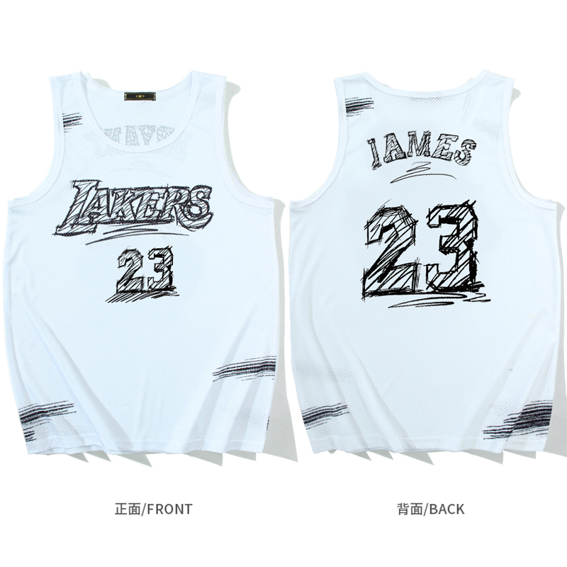 美式速干篮球服LAKERS湖人詹姆斯JAMES球衣素描手绘复古网眼背心-图0