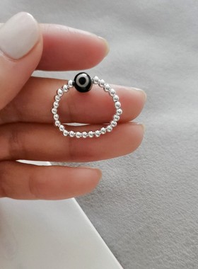 原创设计925纯银纯天然玛瑙小天珠戒指圆珠小众冷淡风弹力绳指环