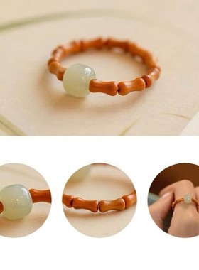 和田玉核桃竹节青白玉戒指女指环尾戒转运珠文玩国风配饰食指戒潮