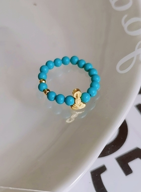 原创小众设计天然绿松石搭配S925银戒指 网红款 弹力绳款串珠戒指