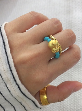 小红书同款小兔子松石竹节食指戒指珠珠弹力戒指