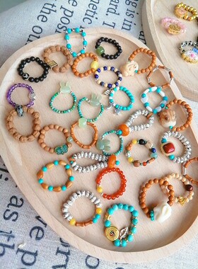 新中式国潮星月松石彩色蜜蜡串珠戒指原创小众个性金刚菩提指环潮