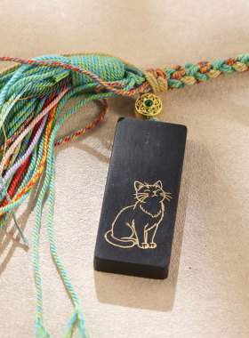 黑檀镶铜小猫紫光檀流苏包挂件