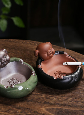 创意小猪茶宠烟灰缸家用办公室个性潮流客厅中式防灰尘密封带盖