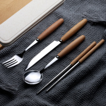 Day Style Wood Handle 304 Stainless Steel Knife Fork Spoon Western Dining Steak Knife Fork Cutlery Fork Spoon Chopsticks Portable three sets