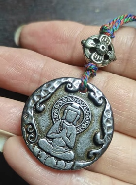 西藏玄铁复古原创尼泊尔民族风格寒铁无相佛十相自在天铁项链吊坠