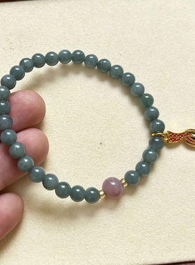 纯天然正品A货翡翠蓝绿色手链圆珠玉石单圈diy搭配鱼尾转运珠手串