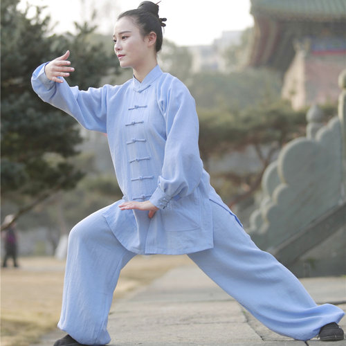 夏季亚麻太极服女武术表演服中老年武术服太极拳服装练功服男 - 图1