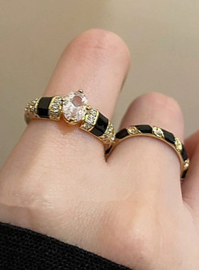 轻奢精致锆石黑色滴油开口戒指女复古简约时尚气质百搭指环戒子