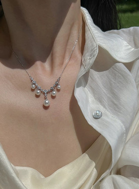 灵动流苏大小珍珠锆石项链轻奢小众设计高级感简约百搭锁骨链颈链