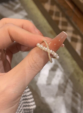 轻奢珍珠交叉戒指女ins气质温柔超闪小众个性百搭食指戒子可调节