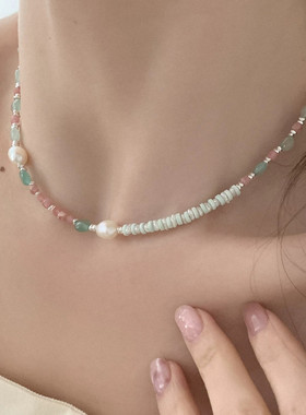 国风小清新粉绿天然石手工串珠碎银质感项链女款百搭时尚锁骨链