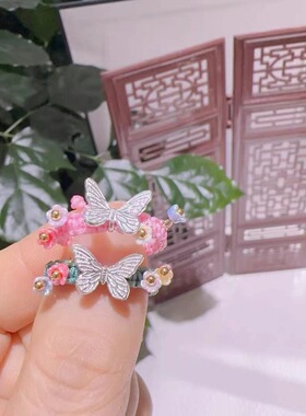 足银999纯银玫瑰花树叶编绳紫色戒指蝴蝶花朵编织戒指可调节