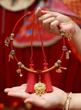 红色百福锁编绳红绳黄金挂绳饰品百天周岁满月手工半成品宝宝项圈