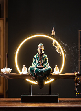 禅意观音佛像陶瓷灯圈摆件家居客厅供奉镇宅倒流香玄关装饰工艺品