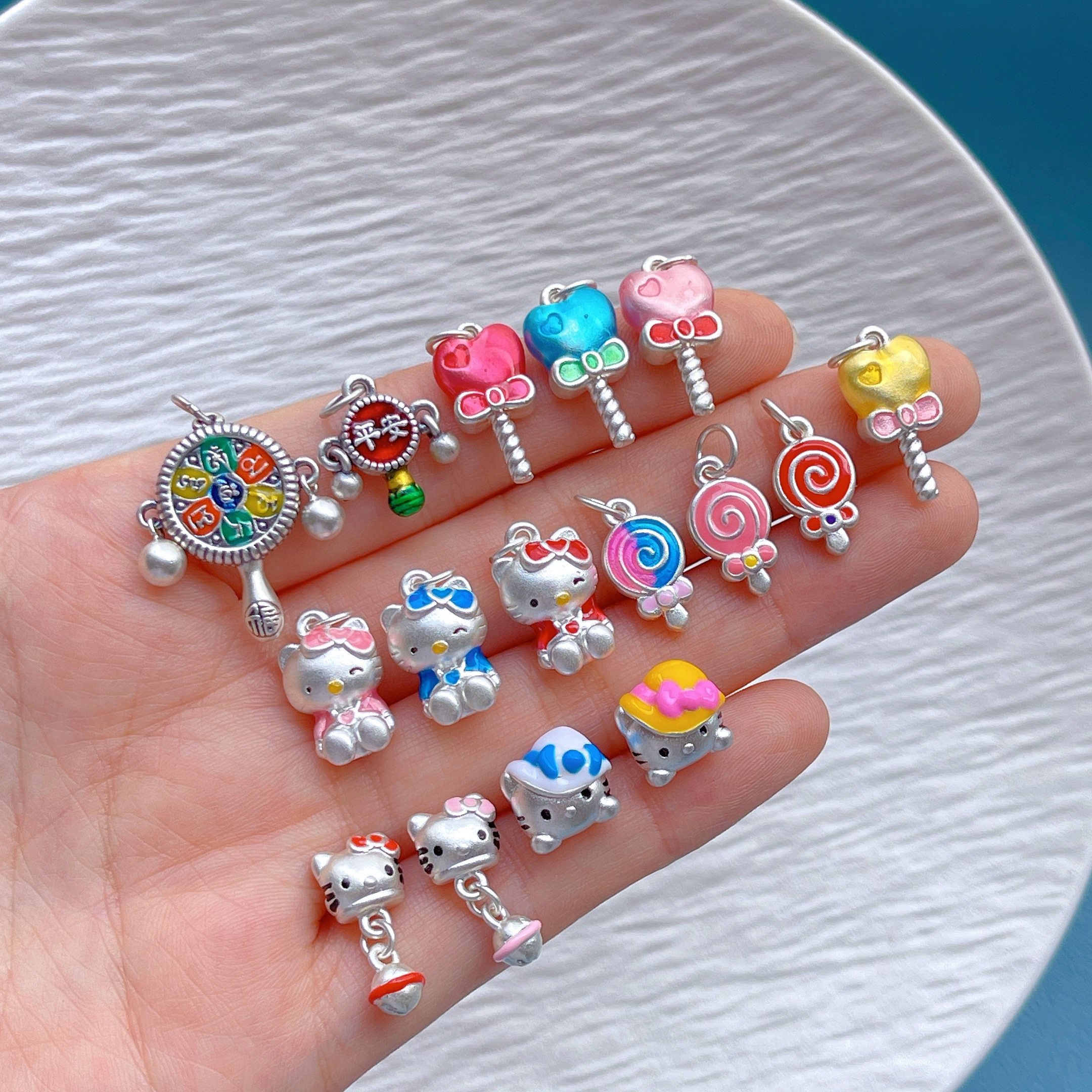 足银999纯银饰配件烧蓝KT猫彩虹棒棒糖拨浪鼓吊坠提溜挂坠diy手串,淘宝优惠券,粉丝福利购,淘宝优惠卷