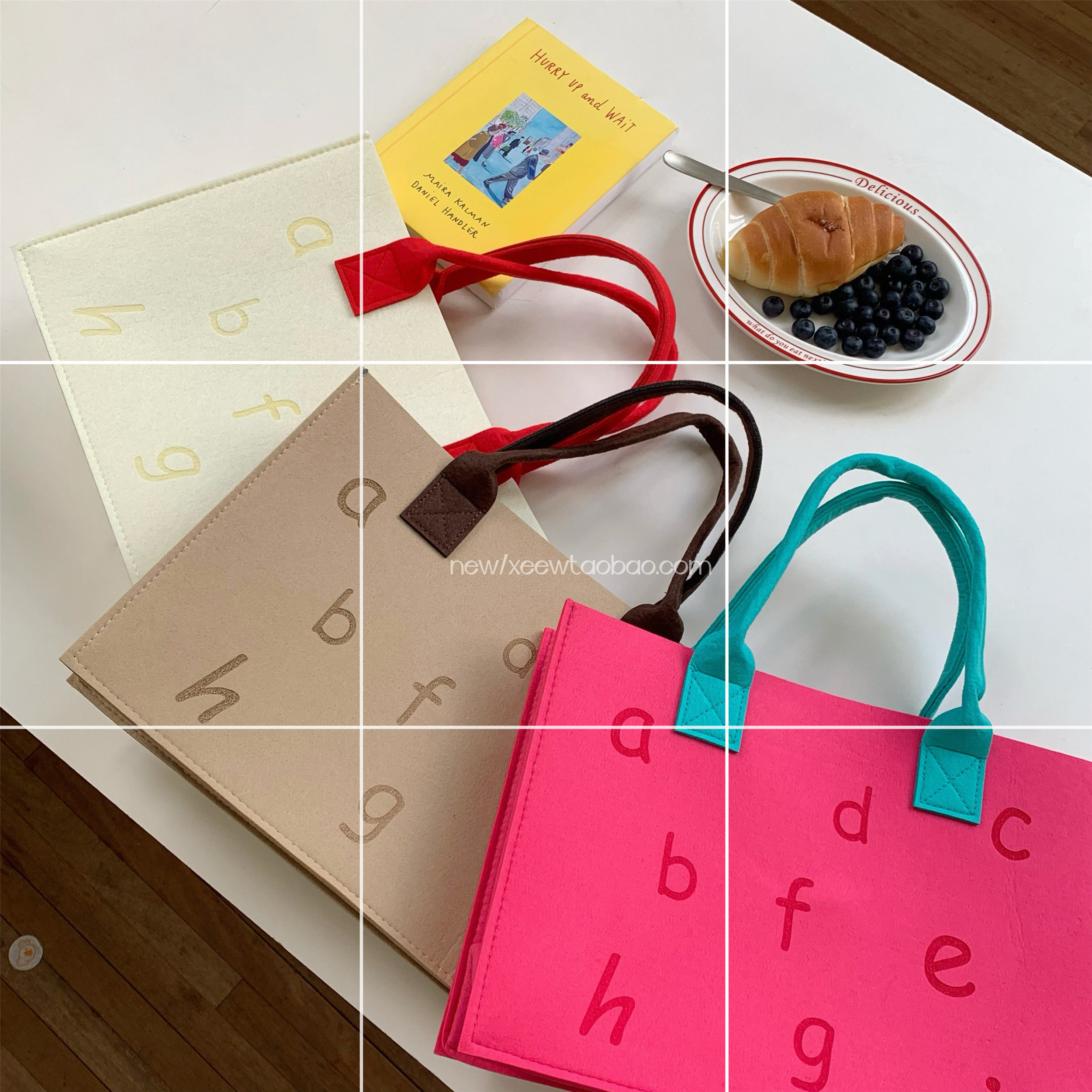 撞色字母购物袋ins风手提毛毡包便携大容量环保袋礼品袋单肩包 - 图1