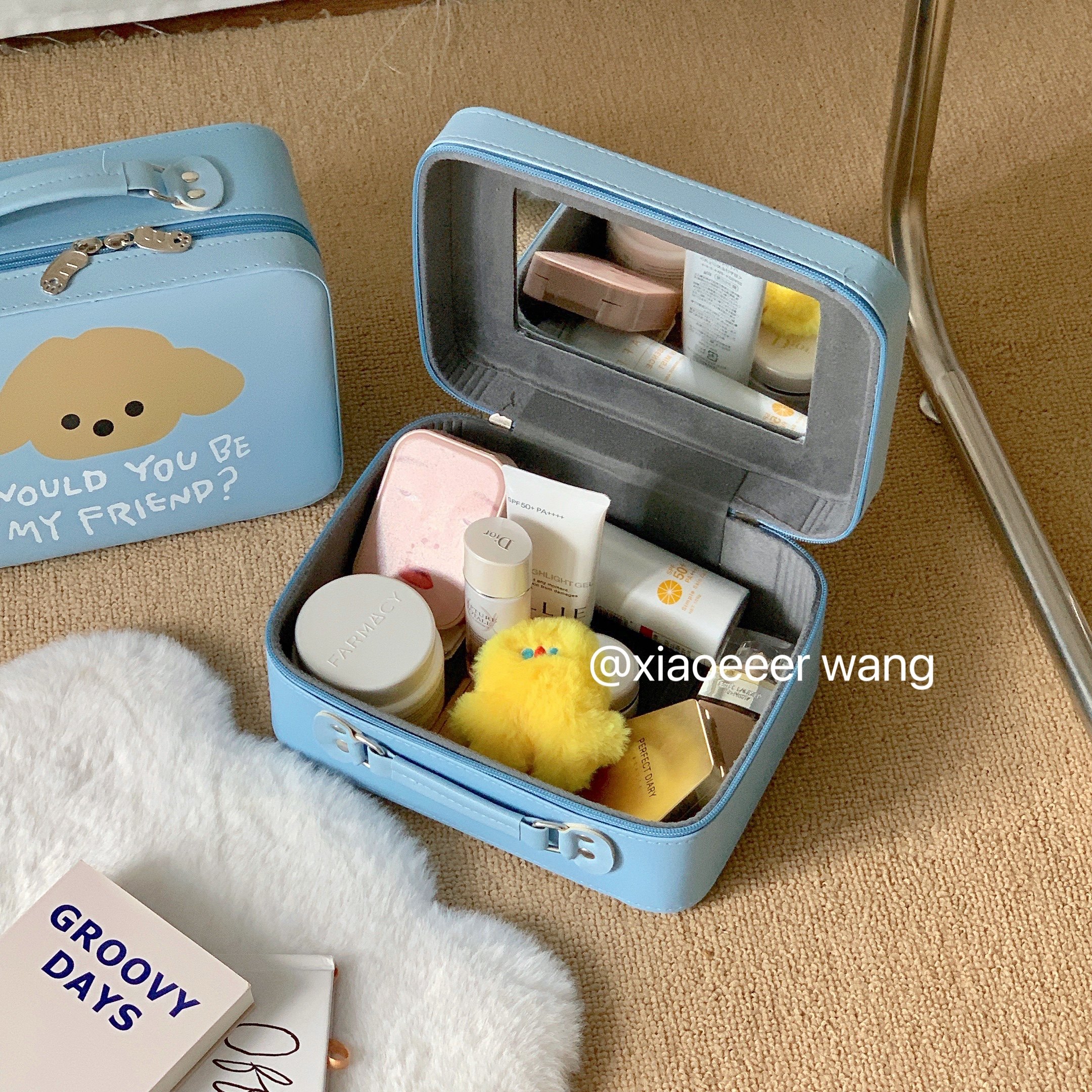 实用主义！原创ins风化妆包女奶油蓝小狗化妆箱大容量便携收纳盒,淘宝优惠券,粉丝福利购,淘宝优惠卷