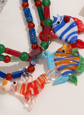 璃海洋风小鱼彩色天然石串珠项链