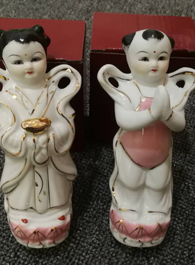 陶瓷玉女善财童子描金节日风摆件