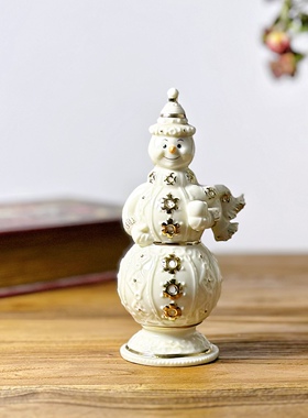 持续瓷生陶瓷圣诞描金浮雕雪花雪人一家三口摆件工艺品