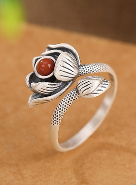 S990足银南红和田玉戒指