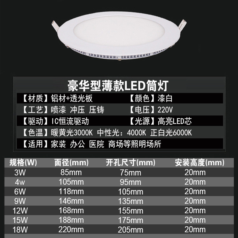 超薄LED筒灯面板灯15w柔光简灯开口20公分商店洞灯圆形孔灯天花灯_虎窝淘