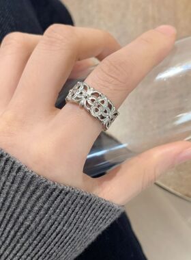 S925镀银镂空鸢尾花朵戒指女甜酷时尚气质重工开口指环网红百搭嘻