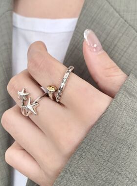 S925镀银撞色钉子戒指女复古时尚个性甜美星星开口指环百搭叠戴食