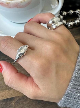 个性时尚牛角包戒指女复古时尚百搭S925镀银开口指环ins风食指戒