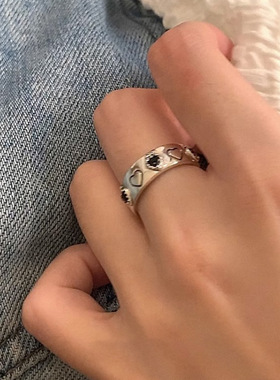 S925镀银甜美黑色爱心戒指女简约时尚个性气质镀银开口指环网红食