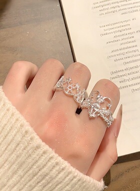 S925镀银甜酷镂空立体雪花戒指女精致爱心花纹开口指环百搭叠戴气