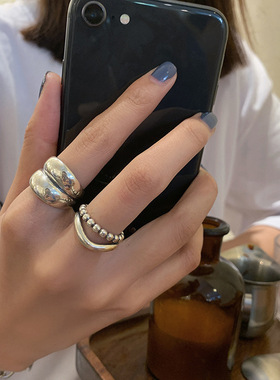 【两件包邮】韩国圆珠复古重工戒指女925镀银欧美个性做旧几何简