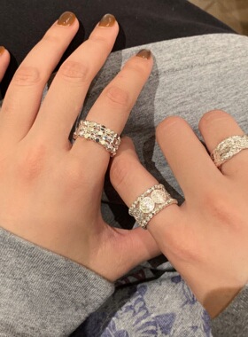 【两件包邮】宽边肌理感钱币戒指女几何麻花百搭叠戴S925镀银开口