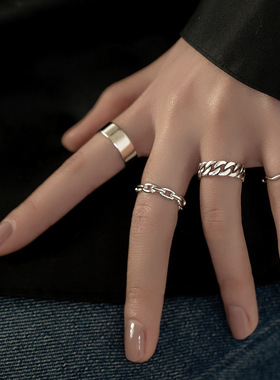 【两件包邮】韩国简约叠戴组合戒指女925镀银ins个性学生简约线条
