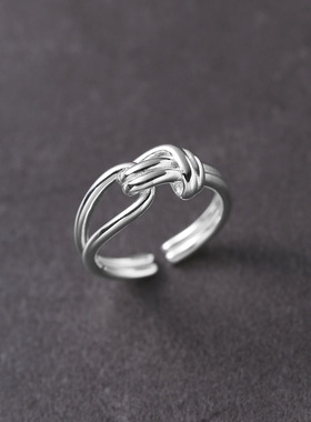 S925镀银双层绳结线条戒指女小众时尚个性设计感开口指环学生气质