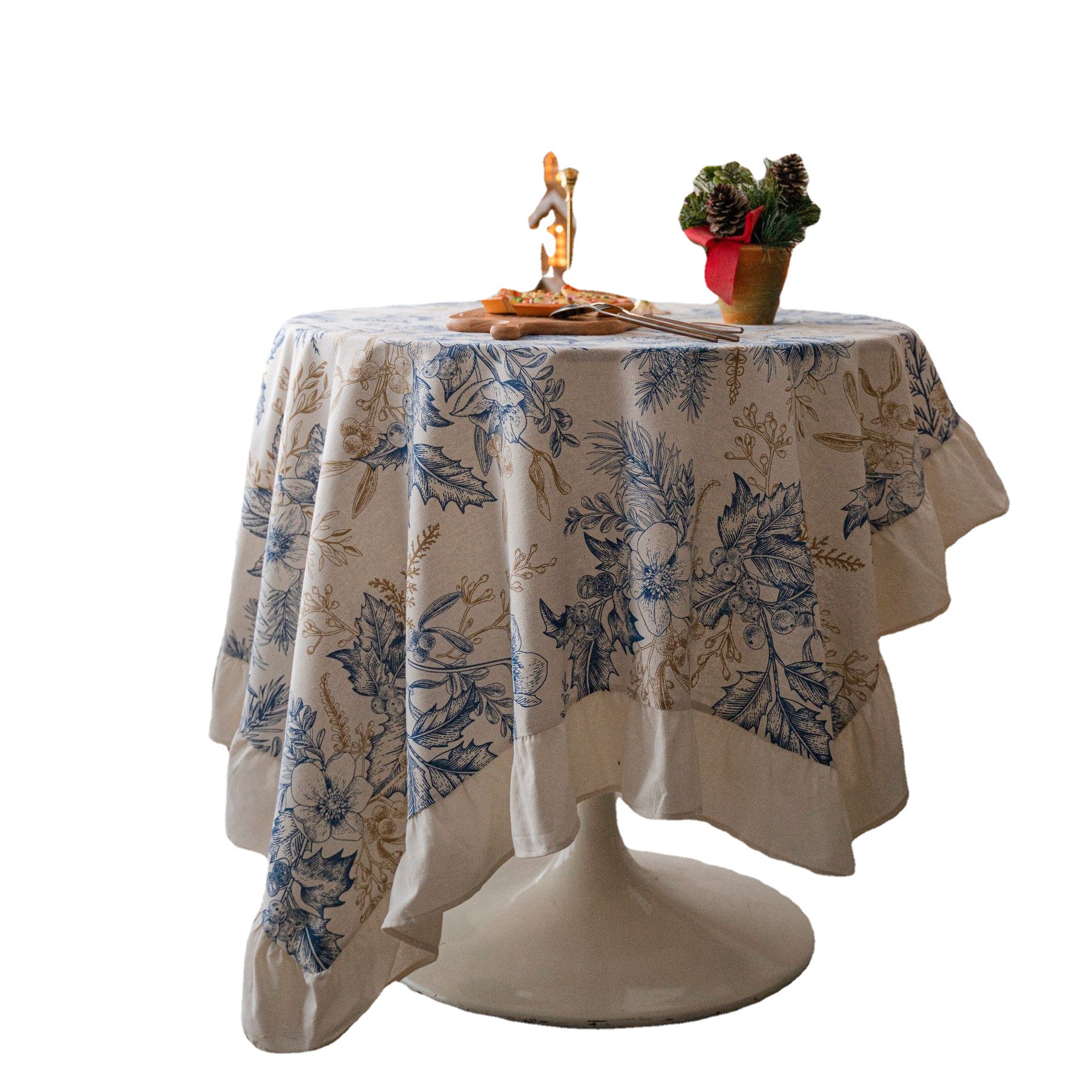 美式田园茶几垫圆形餐桌布荷叶边植物印花节日装饰桌布盖布长方形