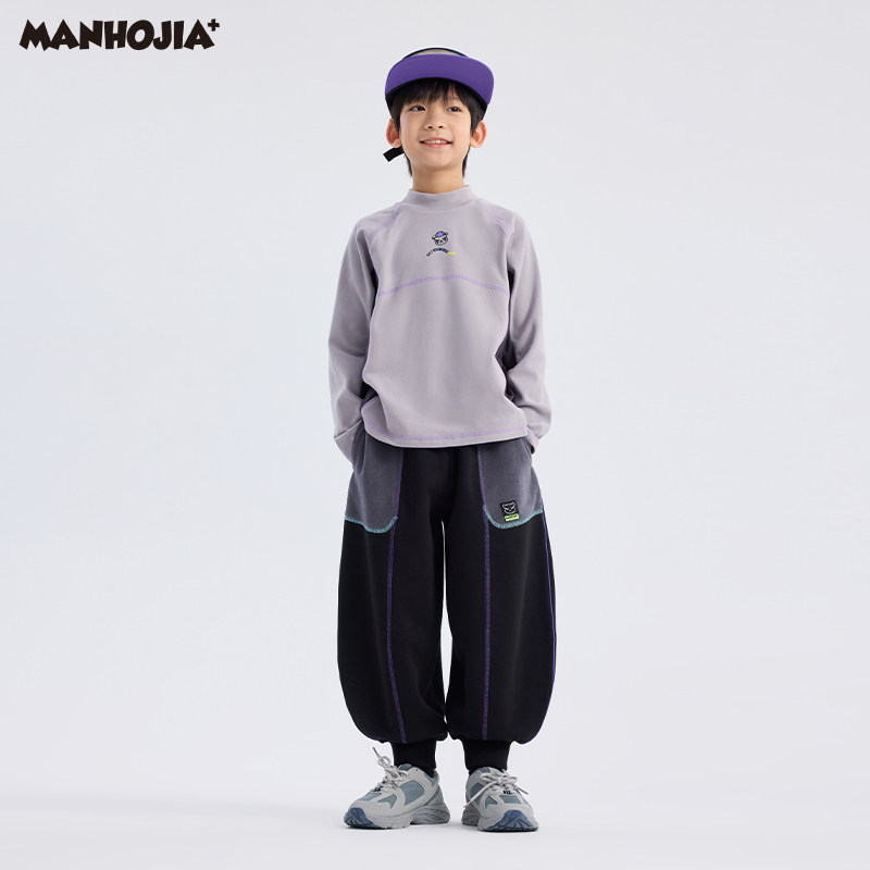 漫画家潮童装24冬新款HOHO熊彩色撞线大廓型暖绒针织男女童长裤 - 图0