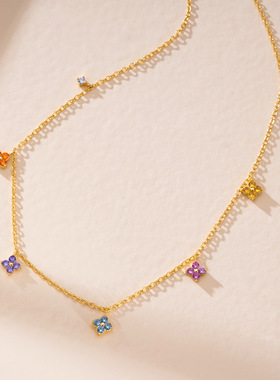 莫奈花园｜S925纯银多巴胺幸运四叶草彩色闪钻项链轻奢高级感锁骨