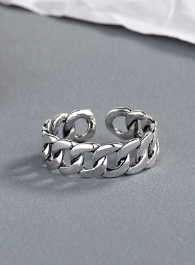 交织｜情侣戒指S925纯银泰银复古做旧开口麻花链条嘻哈朋克食指环