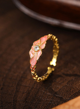 S925银镀金珐琅彩镶钻桃花戒指女