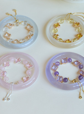 粉黛佳人｜普陀寺庙同款文创四叶草紫水晶手链女马粉猫眼手镯礼物