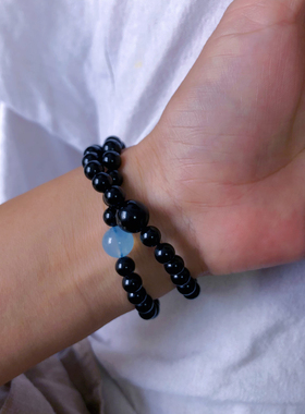 天然黑曜石海蓝宝手串送男友礼物