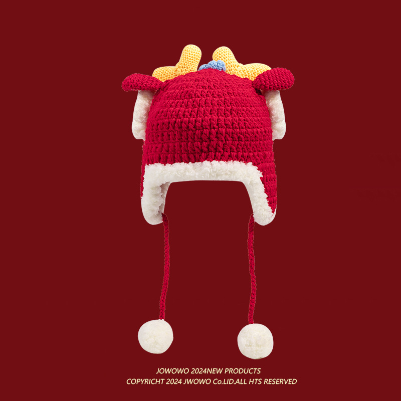龙头帽婴儿diy材料包儿童红色醒狮帽子宝宝秋冬毛线手工编织礼物 - 图1