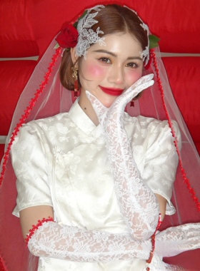 复古民国风头纱简约红色花边1.5米长款新娘结婚头纱头饰写真拍照